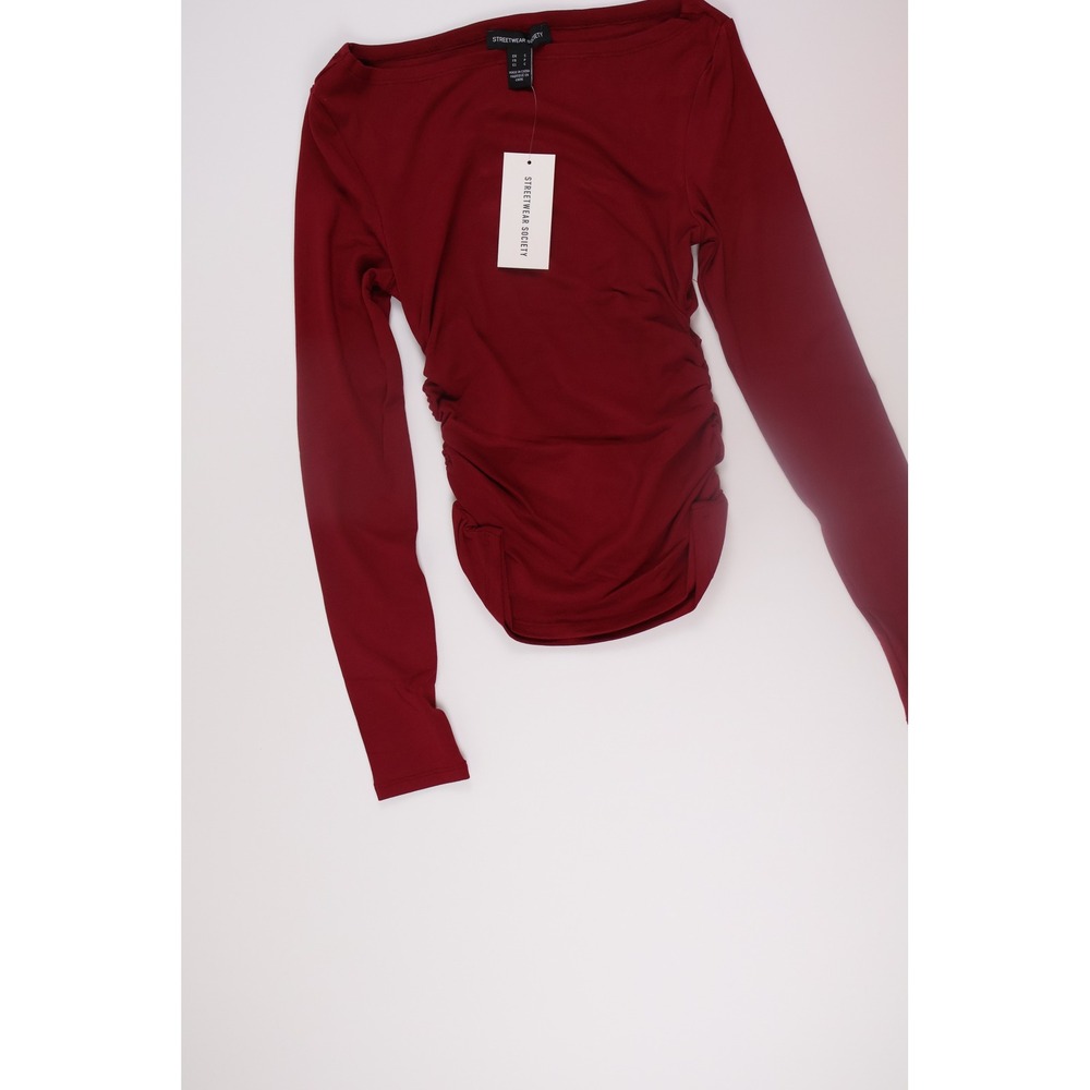 Streetwear Society Womens Top Ruched Boat Neck Burgundy Solid Small NWT